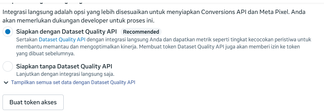 Bagian Conversions API di Meta Events Manager, memperlihatkan pilihan Siapkan dengan Dataset Quality API dan tombol Buat token akses di bawahnya.